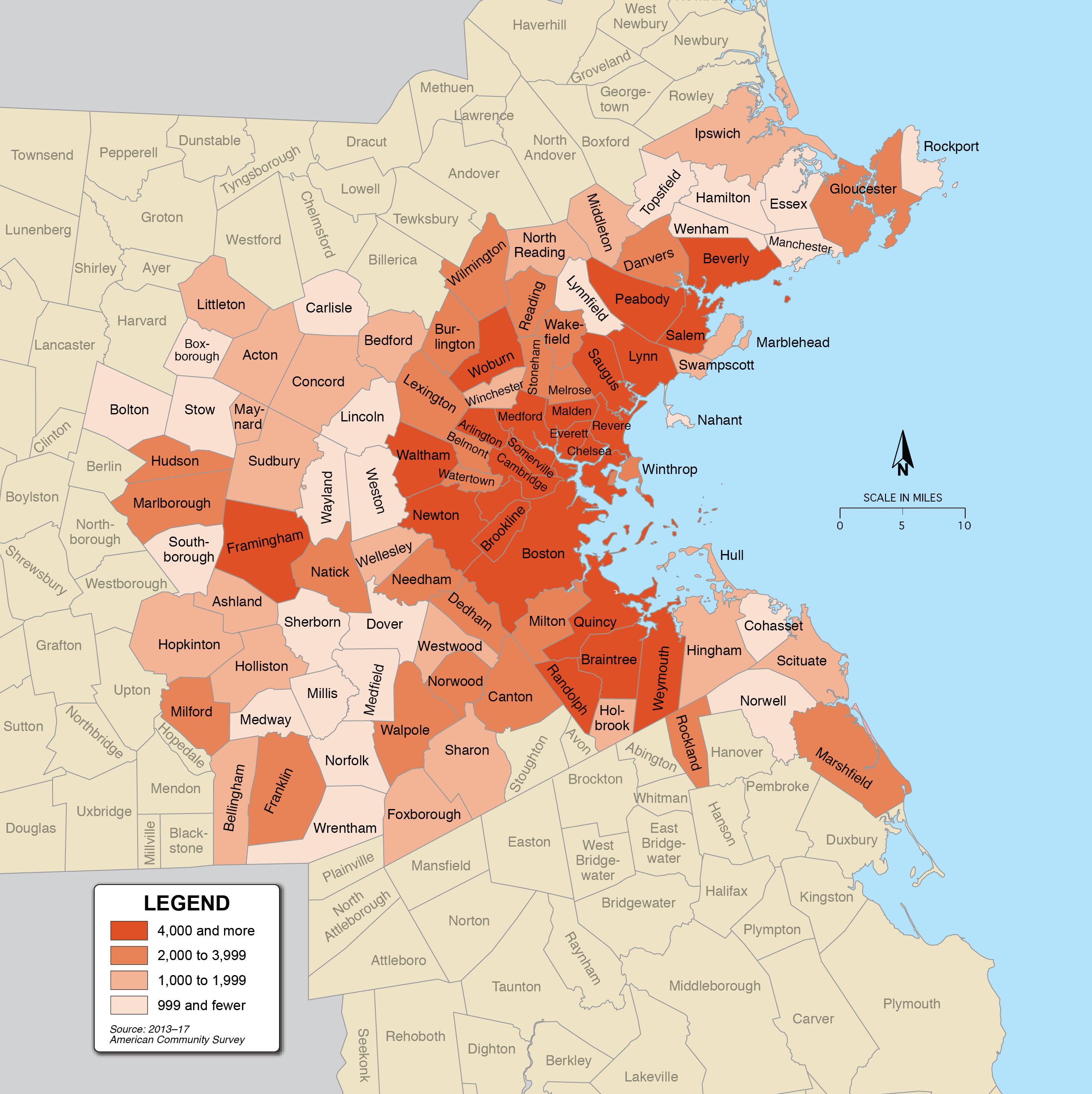 This map shows the number people with a disability in the Boston region by municipality.